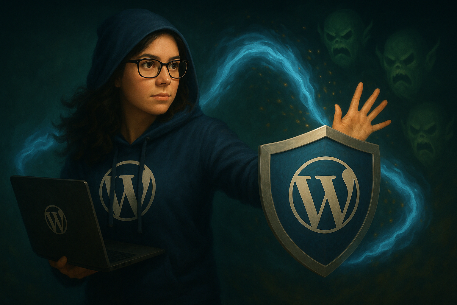 Illustration of heather protecting a wordpress website with a security shield