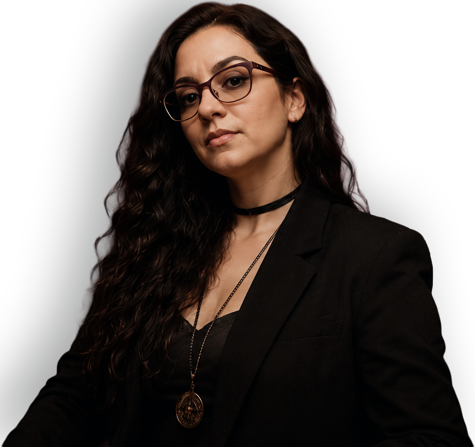 Heather Valencia, Ravenous Raven Design Heather valencia, founder of ravenous raven design, in a black blazer against a dark red velvet background